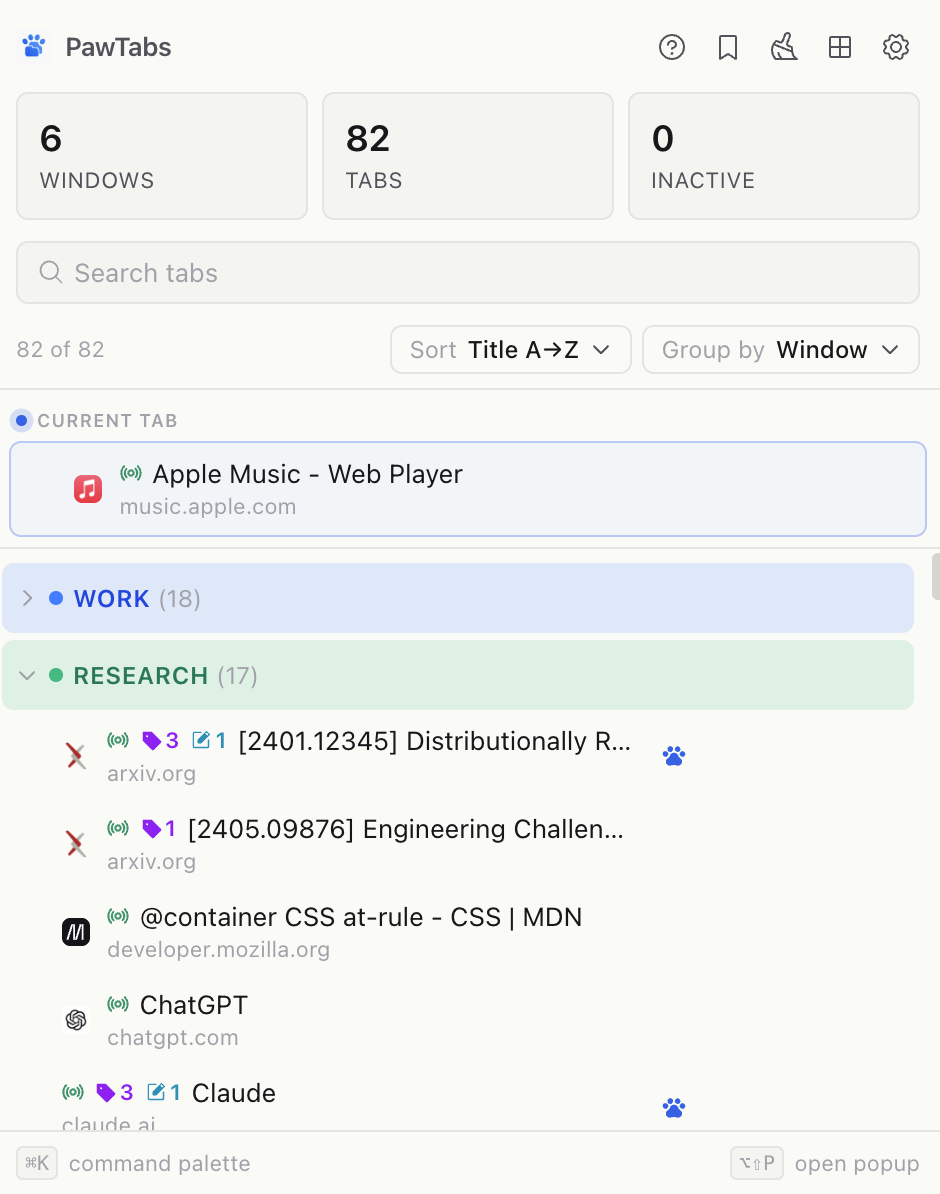 PawTabs popup with grouped tabs, colored windows, tag/note counts