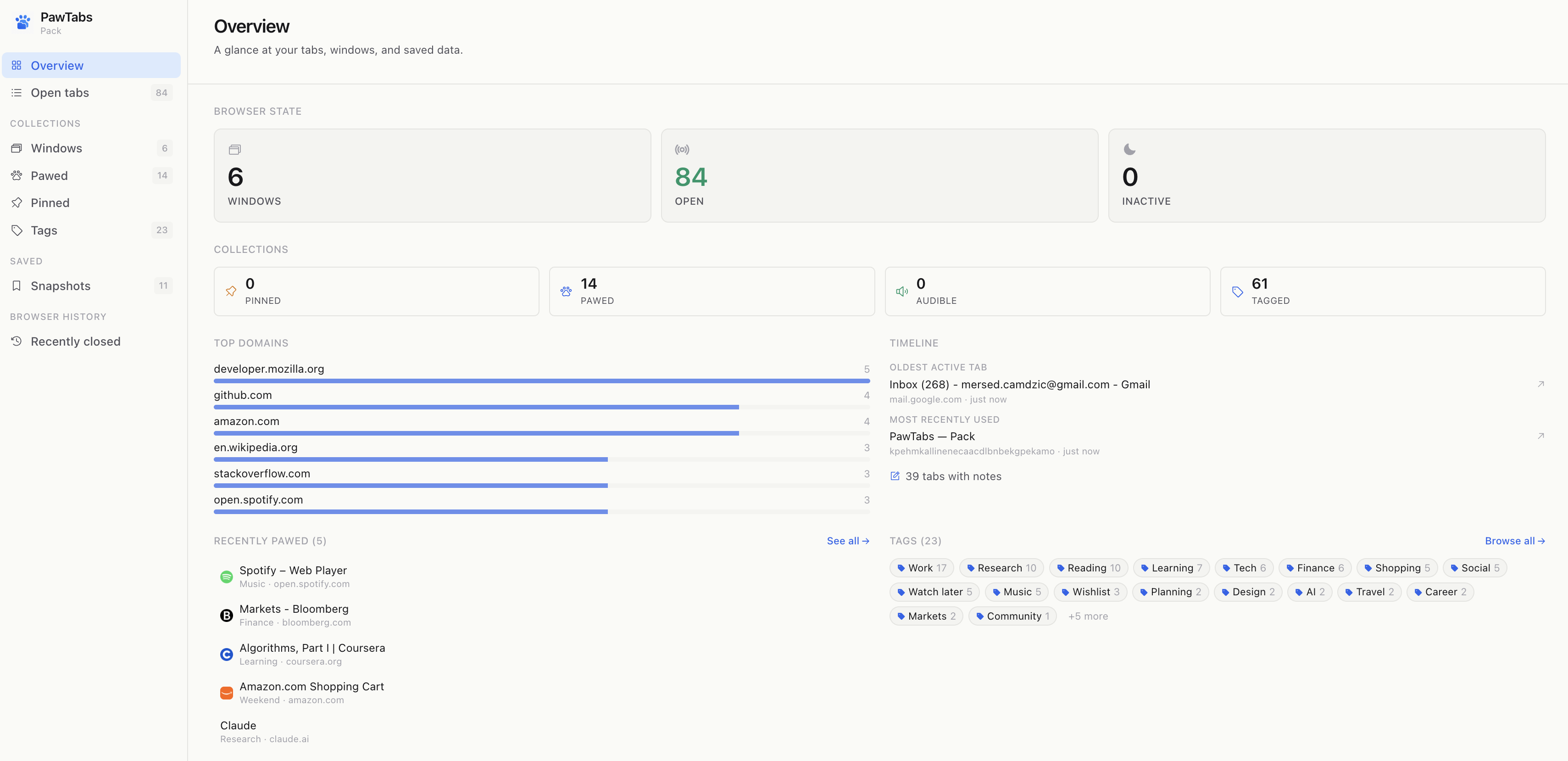 Mission Control Overview with browser state, top domains, timeline, tag cloud