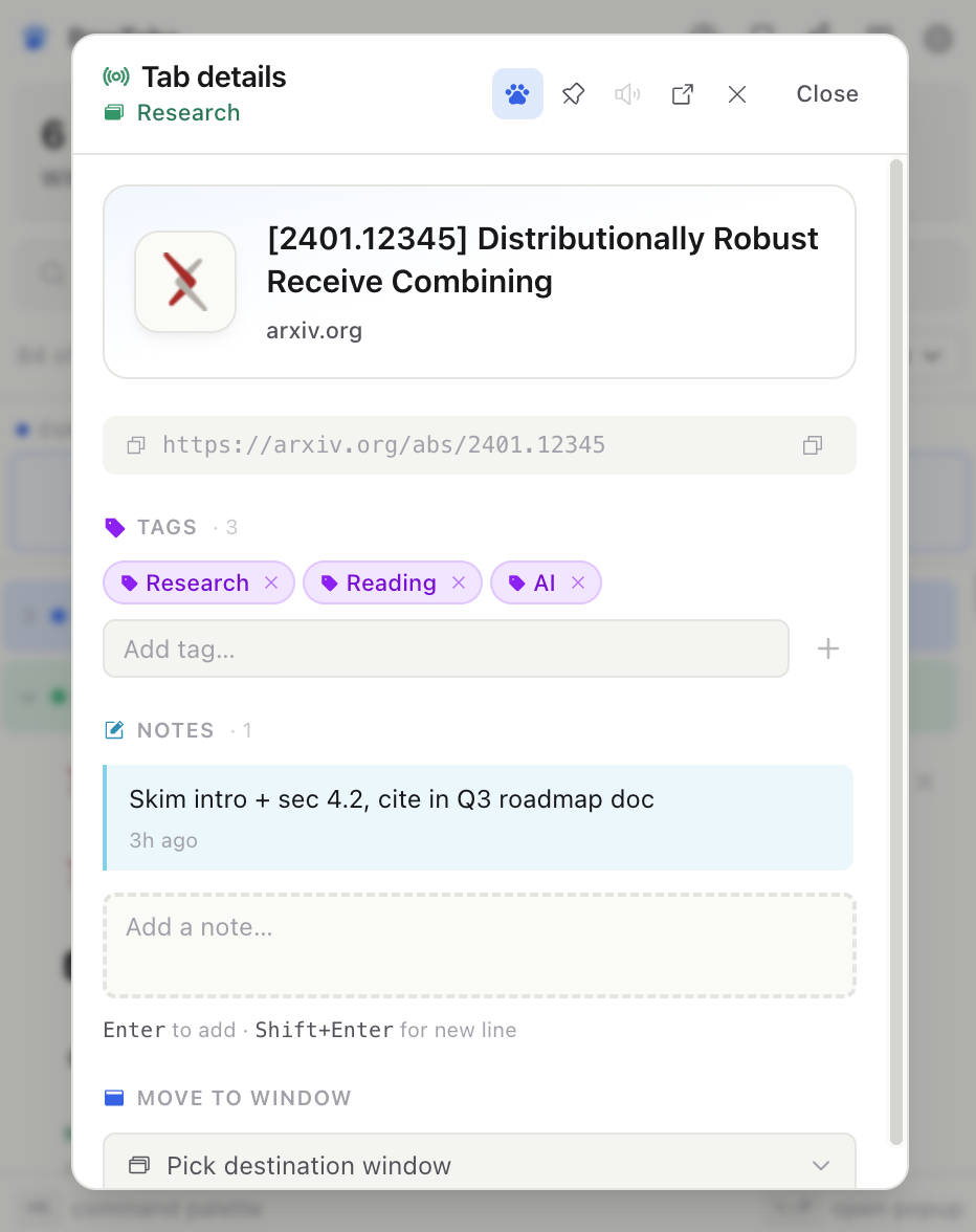 Tab details modal with paw active, 3 tags (Research, Reading, AI), 1 note, move-to-window picker