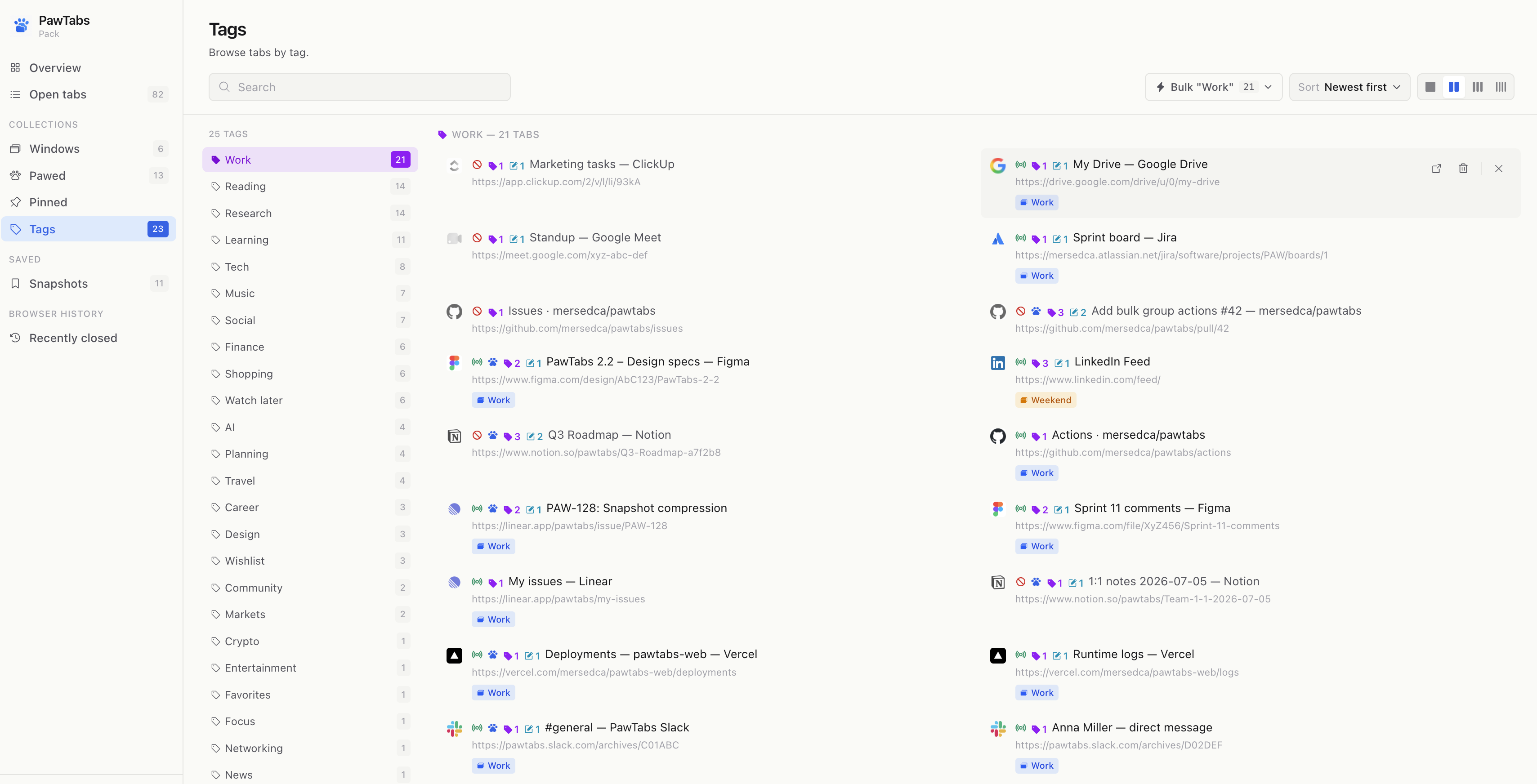 Tags view with 25 custom tags in sidebar and Work tag's URLs on the right